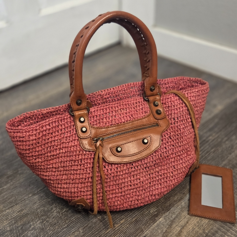 Balenciaga Pink Raffia Mirror Basket Bag Woven Handbag with Leather Handles